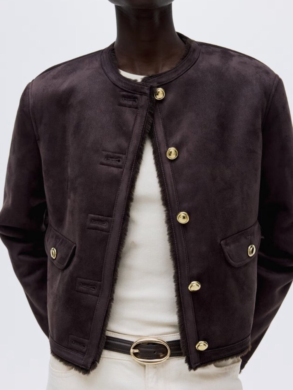 H&M Cropped Shearling-Trim Jacket – Dark Brown | Size Small | NWT